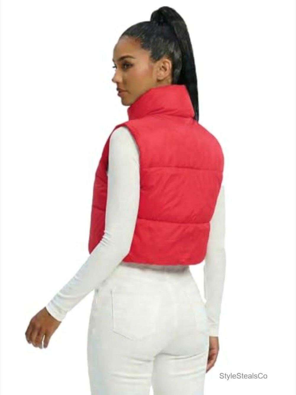 Lightweight Puffer Vest with High Collar, Adjustable Hem, Sleeveless Crop Gilet - Picture 5 of 7